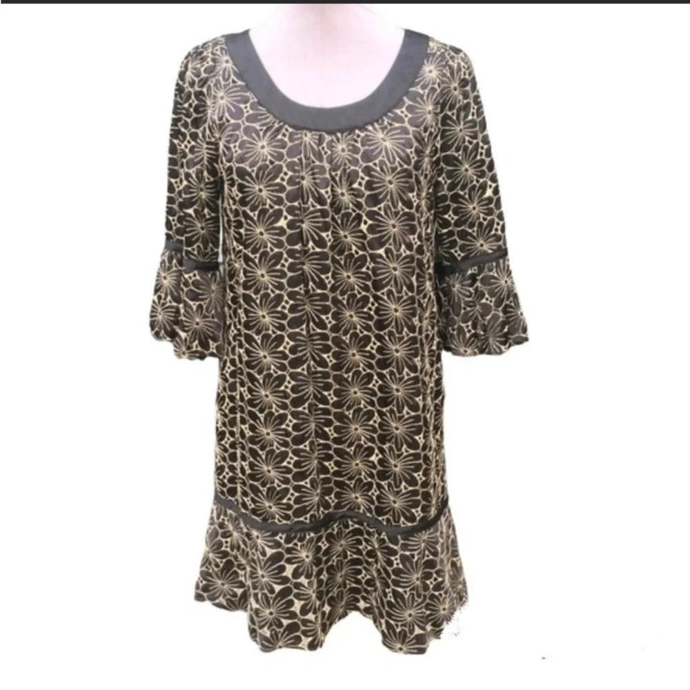 Betsey Johnson Dress, Size 10, Dark Navy/Black,‎ Embroidered Floral Pattern